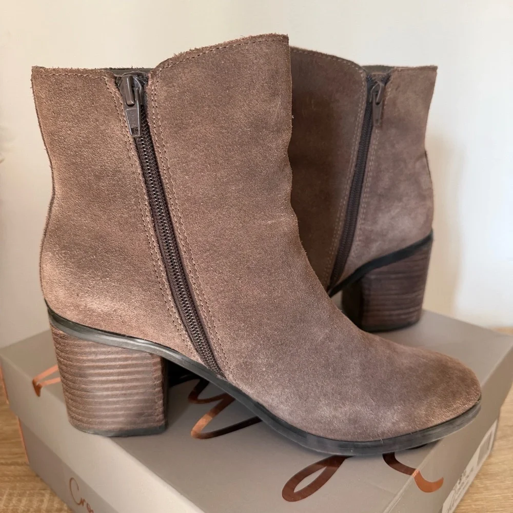 Crown Vintage Suede Dark Taupe Heeled Ankle Boots Size 8.5